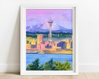 Seattle Art Print - Watercolor Seattle skyline print, Seattle wall art, Seattle artwork, Seattle watercolor, pacific northwest art