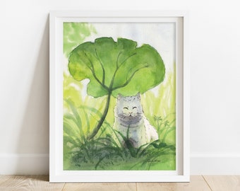 Cute Cat Art Print - cat lover gift for women, nursery decor for kids, woodland animals print, cat artwork, cat gift, nursery wall art