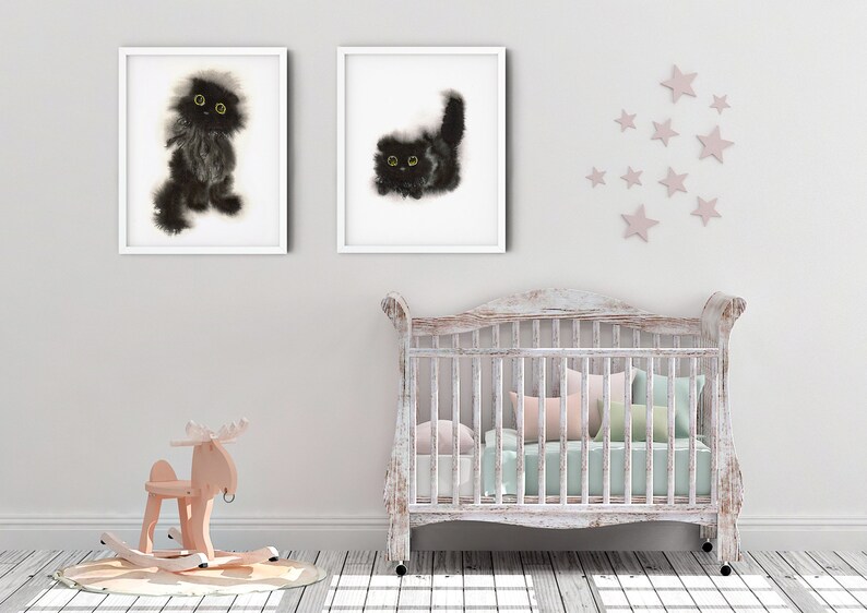 black cat art print set of 2, with option to buy individual print