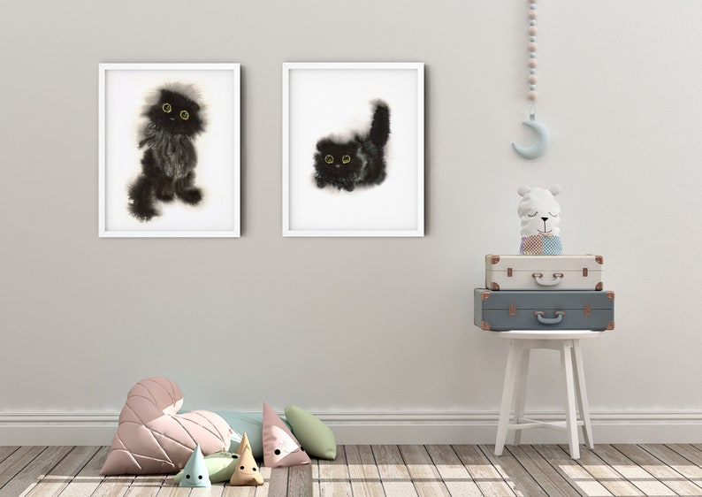 black cat art print set of 2, with option to buy individual print