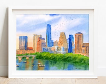 Impresión artística de Austin, Texas: Paisaje urbano en acuarela al atardecer en el centro