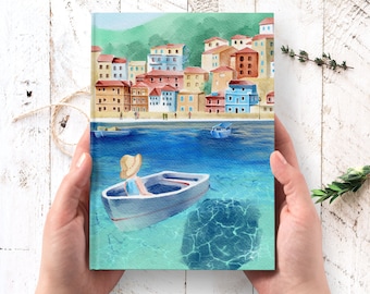 Italy Art Journal - Cinque Terre, hardcover journal personalized, coastal art custom journal, Italy travel journal, unique journal notebook