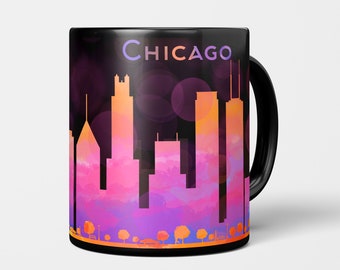 Chicago Mug - black coffee mug, Chicago skyline art mug, Chicago art mug, coffee lover gift for her, unique coffee mug, ceramic mug