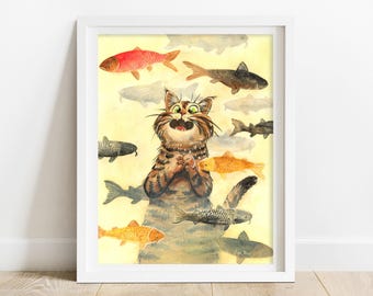 Impresión artística de gato lindo: regalo para amantes de los gatos para mujeres, decoración de guardería para niños, impresión de animales del bosque, obra de arte de gato, regalo de gato, arte de pared de guardería,