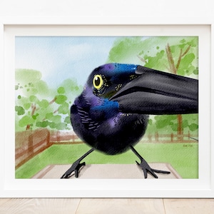 Funny Texas Grackle Art Print: Whimsical Bird Artwork