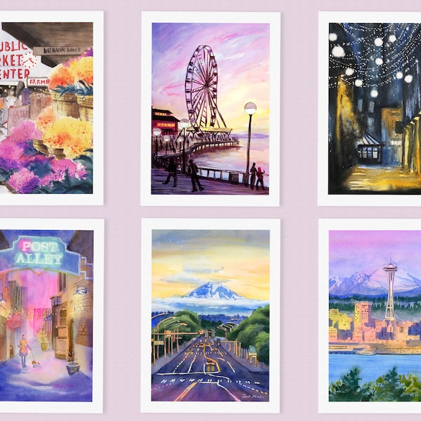 Seattle Art Greeting Cards Set - Seattle greeting cards handmade set, Seattle travel card, greeting card handmade watercolor