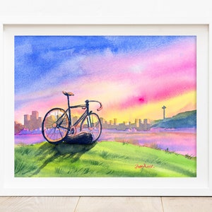 Seattle Art Print - Gas Work Park, sunset biking art print, Seattle wall art, Seattle artwork, pacific northwest art,