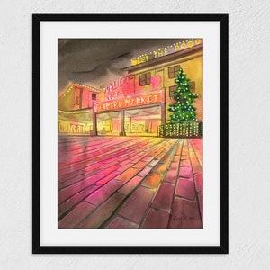 Seattle Art Print - Pike Place Market, neon watercolor, Seattle artwork, Seattle watercolor, pacific northwest art, living room art