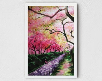 セントラルパークの桜のプリント：ニューヨークの水彩画