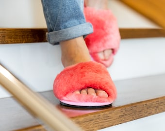 Soft Warm Comfortable Ladies Womens Luxury Slippers Home Shoes Fluffy Flip Flops Hausschuhe Kapcie Sheepskin Wool PINK
