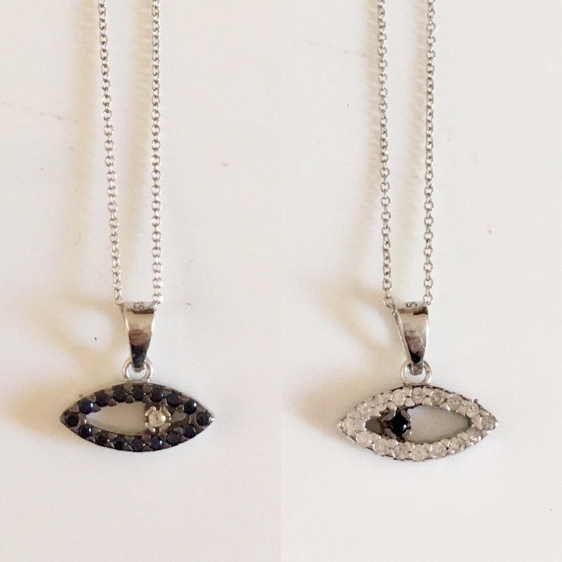 14K solid white gold Evil Eye charm Necklace,greek evil eye double sides pendant,Lucky Charm evil eye with black and white zirconia