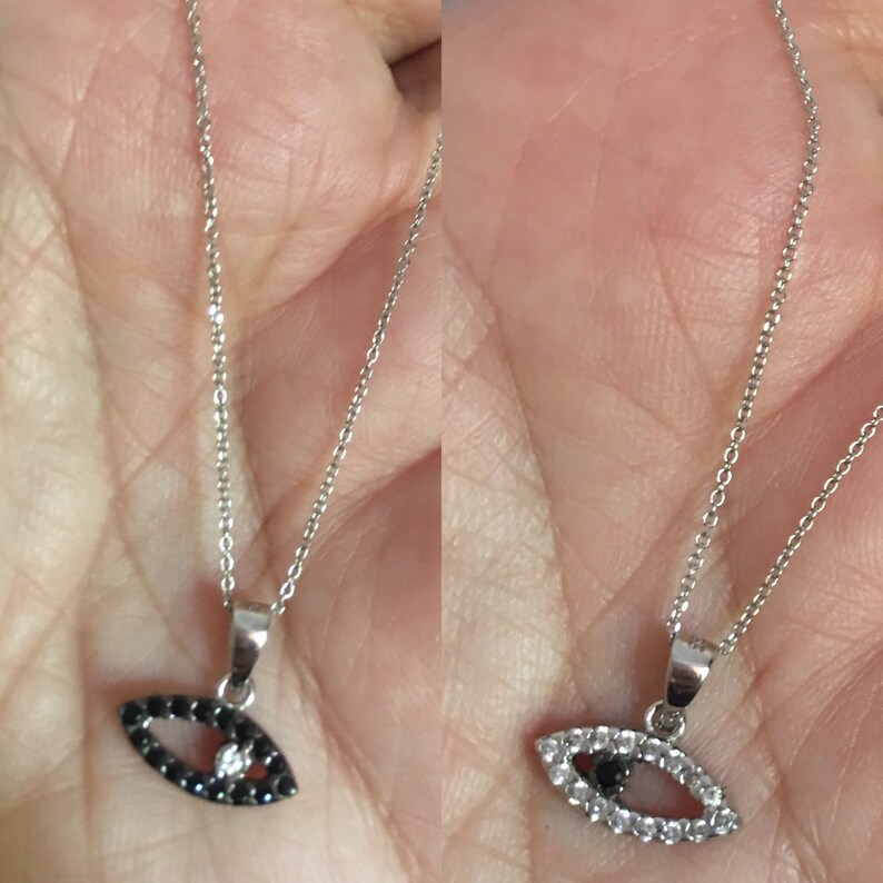 14K solid white gold Evil Eye charm Necklace,greek evil eye double sides pendant,Lucky Charm evil eye with black and white zirconia