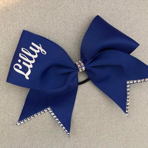 blue personalised cheer bow, bow with name, cheerleader gift, bling cheer bow, hair bow personalisation, cheer team bows, blue bow, dance