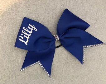 blue personalised cheer bow, bow with name, cheerleader gift, bling cheer bow, hair bow personalisation, cheer team bows, blue bow, dance