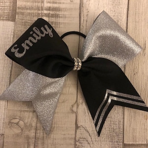 Personalised black and silver Ticktock cheer bow, black and silver contrast cheer bow, cheerleader gifts, cheer team bows, named gift, cheer