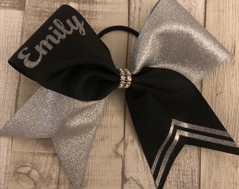 Personalisierte schwarz-silberne Ticktock-Cheer-Schleife, schwarz-silberne Kontrast-Cheer-Schleife, Cheerleader-Geschenke, Cheer-Team-Bögen, Namensgeschenk, Cheer