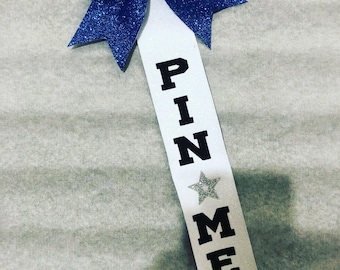 pin me cheer ribbon, pin me comp chain, cheerleader gift, pin me, cheerleader bag charm, cheer bag bow, cheer comp gifts, cheer team gifts