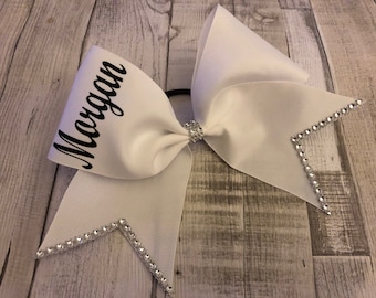 white personalised cheer bow, bow with name, cheerleader gift, bling cheer bow, hair bow personalised, cheer team bows, white dance bow