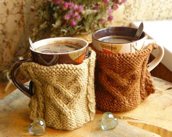 Valentine's gift_set of two heart mug cover_coffee sleeve_knit mug tea cozy_coffee cozy_crochet candle cozy_knit mug warmer_cup sleeve