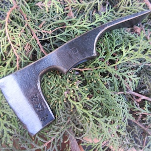 Puede incluir: Un hacha de metal negro con un mango curvo. El hacha tiene una hoja afilada y un pequeño agujero en el mango. El hacha está sobre un lecho de follaje verde.