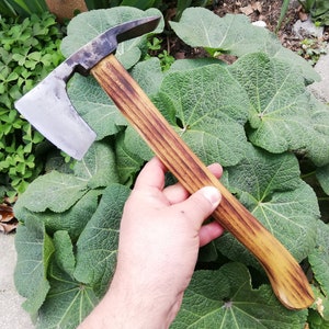Puede incluir: Un pequeño hacha de mano con mango de madera y cabeza de metal. El hacha se sostiene en una mano contra un fondo de hojas verdes.