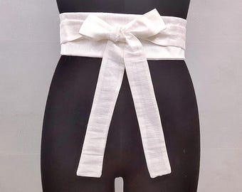 White Obi Belt Women, Wedding Waist Cincher, Bridal Corset Belt, Dupioni Silk Faux Sash
