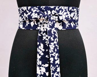 Navy Blue Floral Obi Belt, Kimono Waist Cincher, Wide Wrap Corset Belt, Wedding Sash