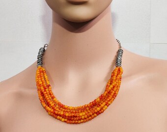 Orange Seed Bead Multistrand Necklace, Silver Boho Statement Jewelry, Festival Necklace, Ethnic Summer Jewellery