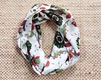 Boho Floral Print Infinity Scarf, White Green Cowl Scarf, Bohemian Summer Loop Scarves