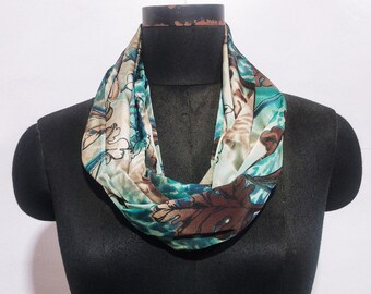 Blue Green Floral Infinity Scarf, Satin Summer Scarves, Abstract Printed Cowl Loop Tube Scarf
