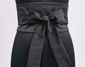 Wide Black Obi Belt, Wedding Kimono Sash, Corset Waist Cincher, Faux Dupioni Silk Wrap