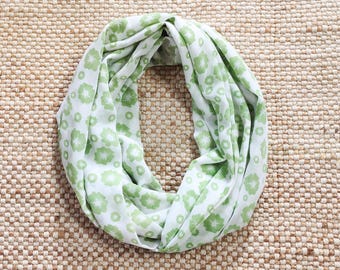 White Floral Infinity Scarf, Green Bohemian Summer Scarves, Boho Cowl Loop Scarf, Unique Printed