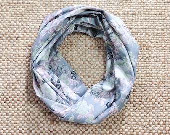 Grey Floral Infinity Scarf, Pastel Boho Cowl Scarf, Unique Loop Summer Scarves for Women