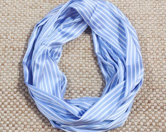 Blue Striped Satin Infinity Scarf, Soft Lightweight Cowl Scarf, Long Loop Tube Scarves
