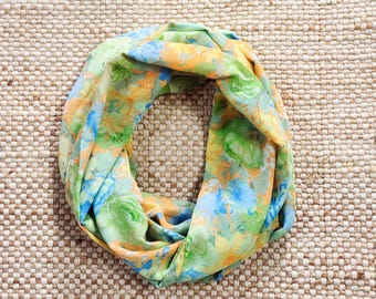Green Floral Infinity Scarf, Yellow Blue Bohemian Cowl Scarf, Chunky Summer Loop Scarves
