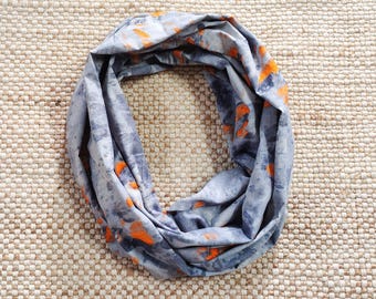 Abstract Print Cotton Infinity Scarf, Grey Blue Orange Cowl Scarf, Chunky Summer Loop Scarves