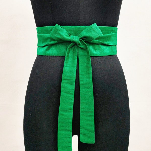 Green Obi Belt Women, Dress Belts for Women, Waist Cincher, Dupioni Silk Faux, Wrap Corset Belt, Long Wide Bridesmaid Wedding Sash, Gifts