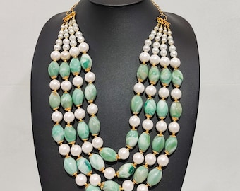 Rani Haar, Pearl and Green Multistrand Necklace, Gold Accent Chunky Statement Necklace, Festive Indian Jewelry, Bridal & Occasion Necklace