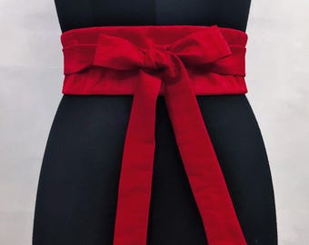 Red Obi Belt, Kimono Dress Sash, Waist Cincher Faux Dupioni Silk , Wrap Corset Belt