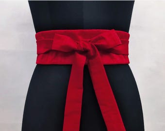 Red Plus Size Obi Belt, Kimono Wedding Sash, Faux Dupioni Silk, Corset Waist Cincher