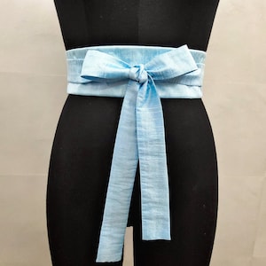 Light Blue Obi Belt Women, Dress Belts for Women, Waist Cincher, Dupioni Silk Faux Wrap Corset Belt, Long Wide Bridesmaid Wedding Sash Gifts
