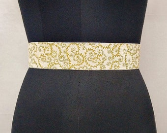 Gold Off white Silk Obi Belt Women, Dress Belts for Women, Handpainted Waist Cincher, Cinch Belt, Wrap Corset Belt, Long Wedding Sash