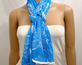 Foulard en dentelle bleue pour femmes, foulard long et fin, foulard d’été floral blanc pour femmes, foulard mode doux, foulard boho imprimé, cadeaux pour elle