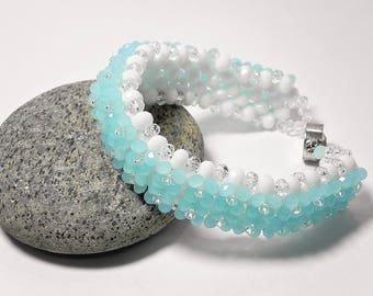 Beaded Bracelets for Women Aqua Blue White Woven Bracelet Peyote Boho Bracelet Beadwork Handmade Jewelry Gift for Women Fashion Jewelry