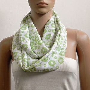 Green Infinity Scarf Women, White Floral Printed Scarf, Summer Scarves for Women, Long Loop Cowl Scarf, Circle Tube Scarves, Gifts for her image 1