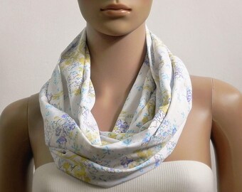 White Infinity Scarf Women, Floral Boho Summer Scarves for Women, Pastel Circle Cowl Scarf, Loop Tube Scarf, Gift for her, Gifts for mom