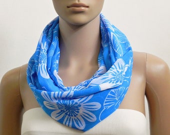 Blue Infinity Scarf Women, Floral Spring Summer Scarves for Women, Boho Cowl Scarf, Printed Loop Tube Scarf, Gift for her, Gifts for mom