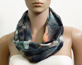 Black Infinity Scarf Women, Blue Spring Summer Scarves for Women, Long Circle Cowl Scarf, Printed Loop Tube Scarf, Gifts for her