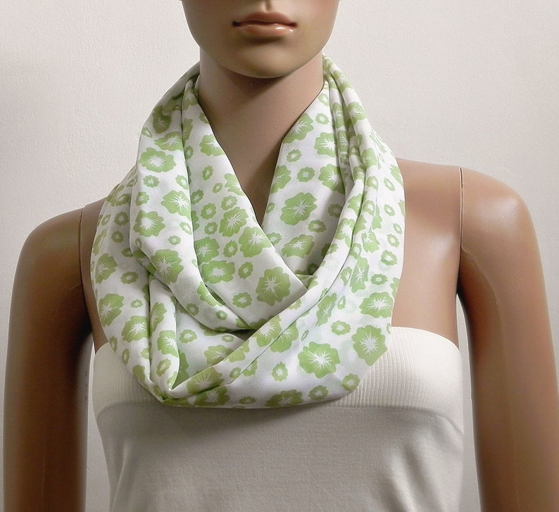 Green Infinity Scarf Women, White Floral Printed Scarf, Summer Scarves for Women, Long Loop Cowl Scarf, Circle Tube Scarves, Gifts for her image 1