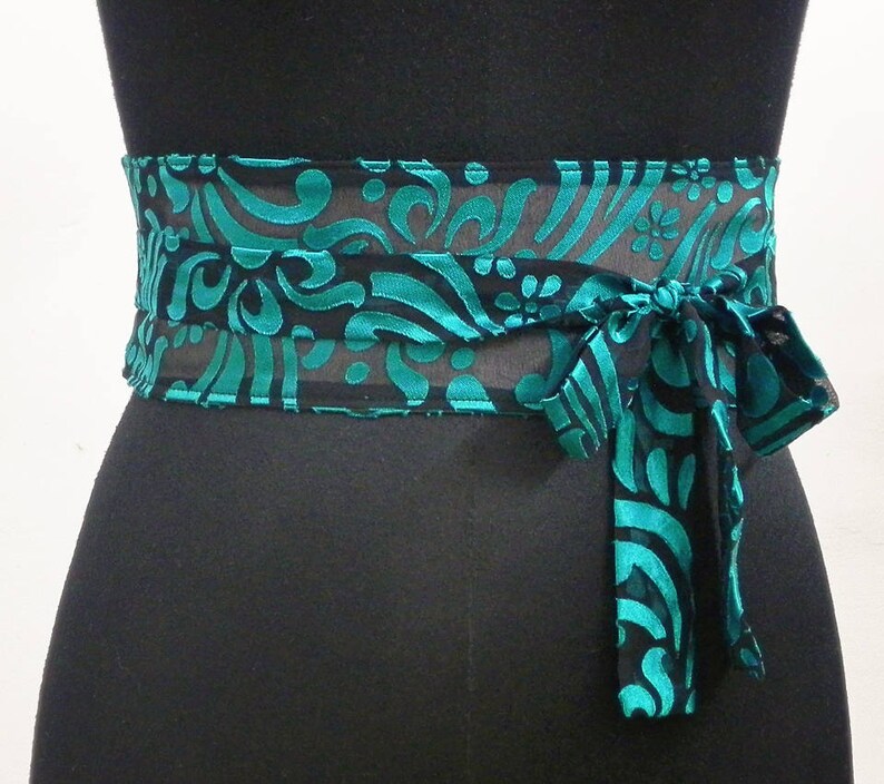 Black Obi Belt Sash Cummerbund Waist Cincher Floral Blue Etsy